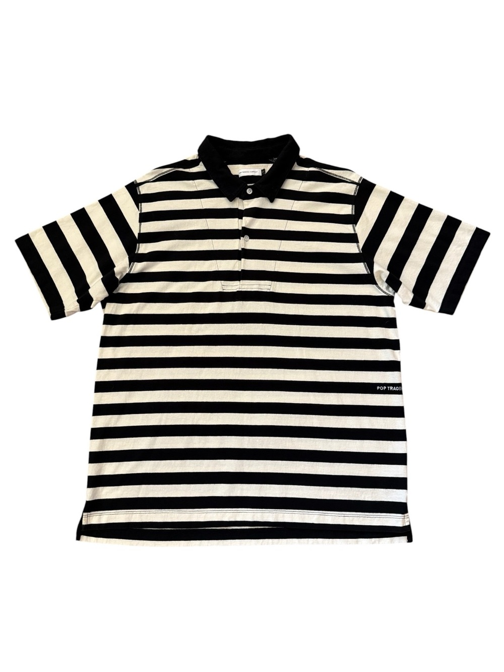 Pop Trading Company Italo Stripe Polo Shirt Large Black Cream Cotton Portugal